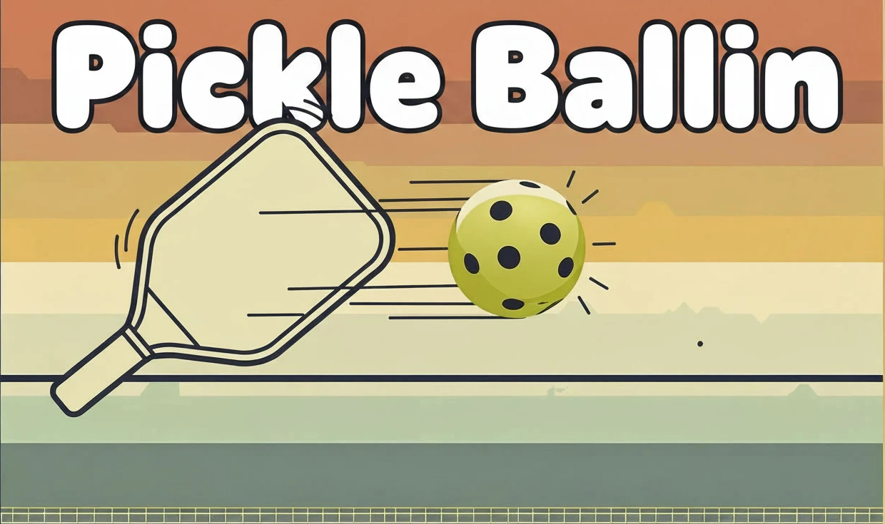 Illustrated pickleball court at sunset: a cream paddle mid-swing, a lime ball streaking past it with motion lines, the net stretched below, under the brand lettering.
