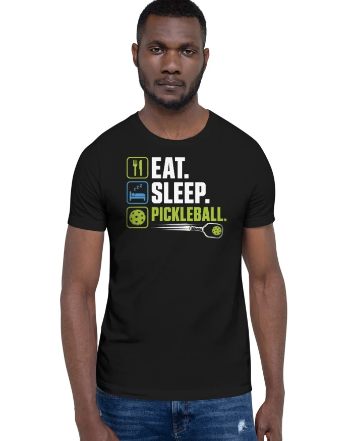 Eat Sleep Pickleball tee, black, front view worn by a model