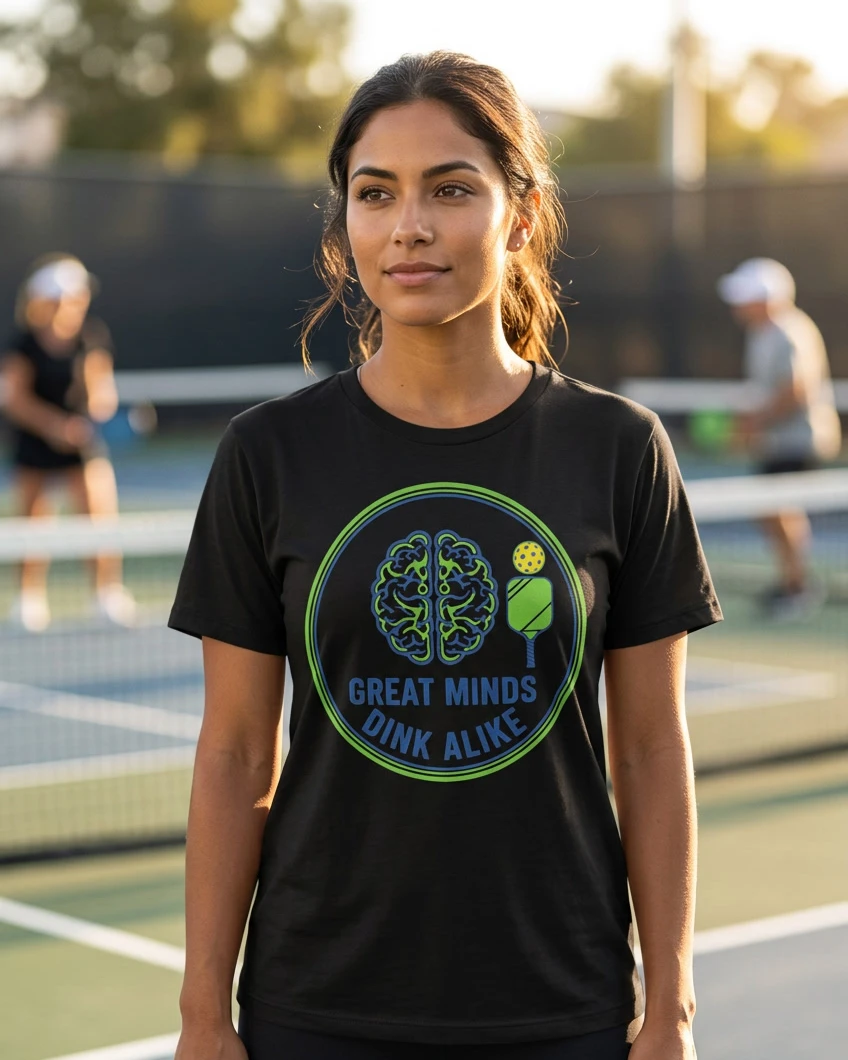 Great Minds Dink Alike tee, black, front view worn by a model