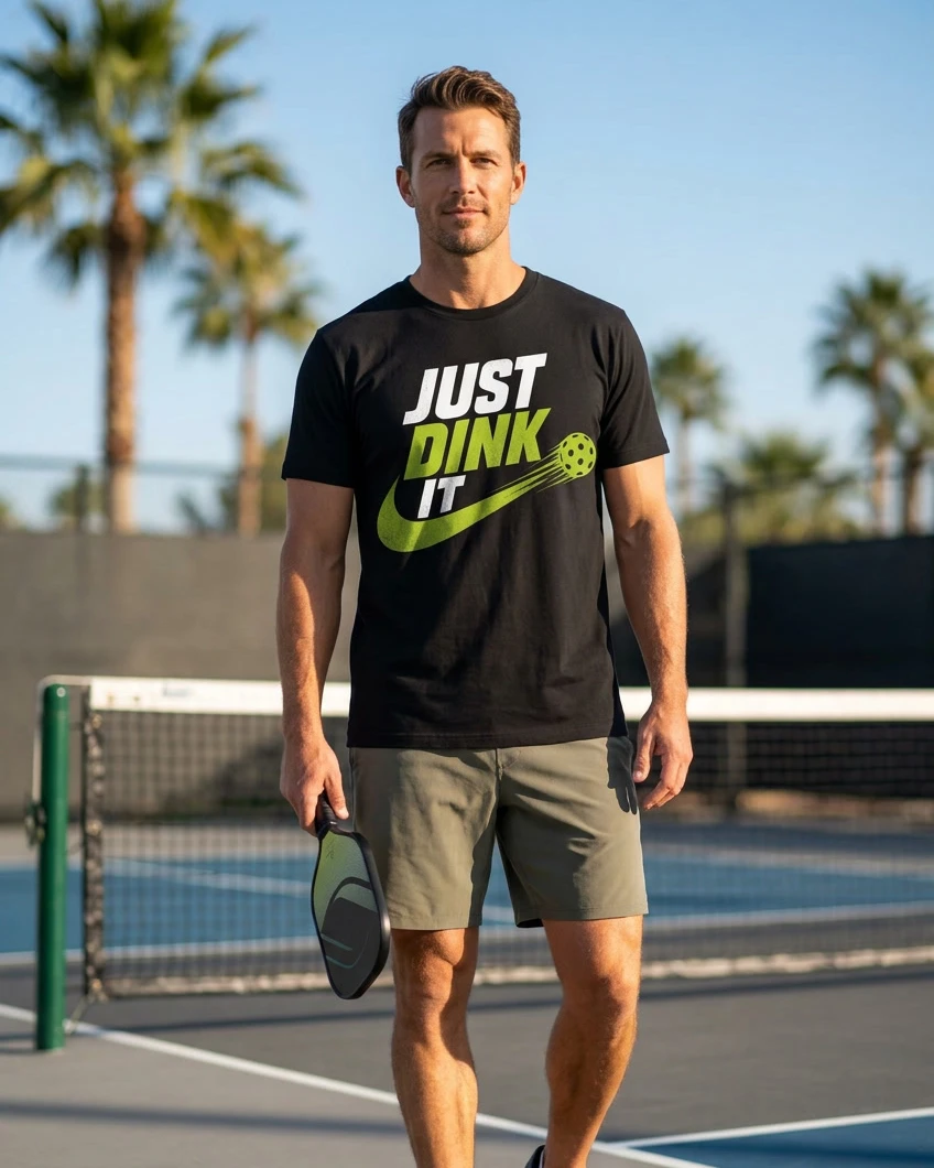 Just Dink It tee, black, front view worn by a model