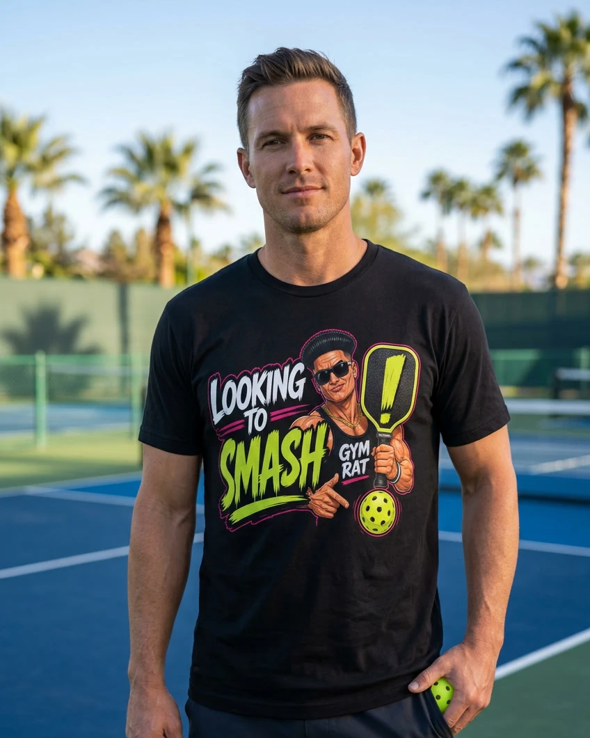 Looking to Smash tee, black, front view worn by a model