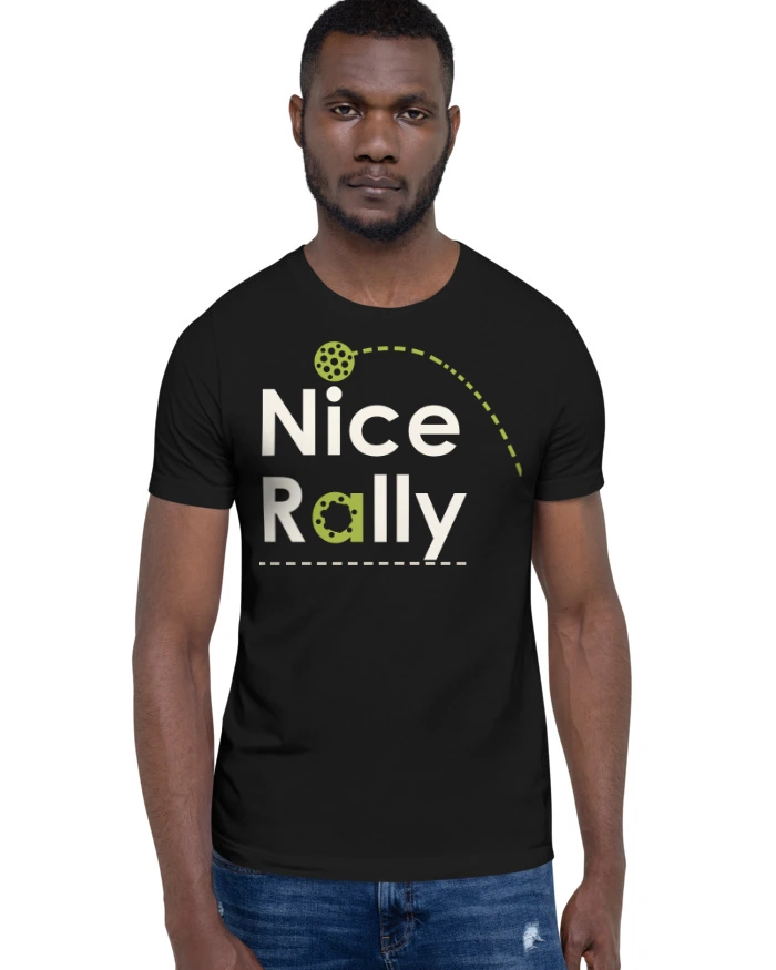 Nice Rally tee, black, front view worn by a model
