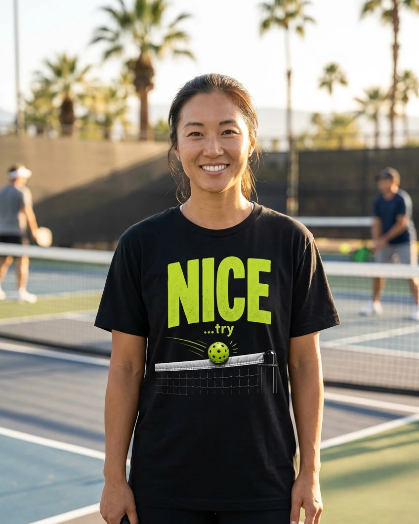 NICE… try tee, black, front view worn by a model
