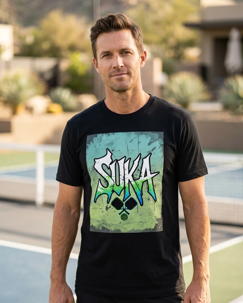 SUKA tee, black, front view worn by a model