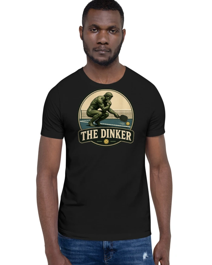 The Dinker tee, black, front view worn by a model