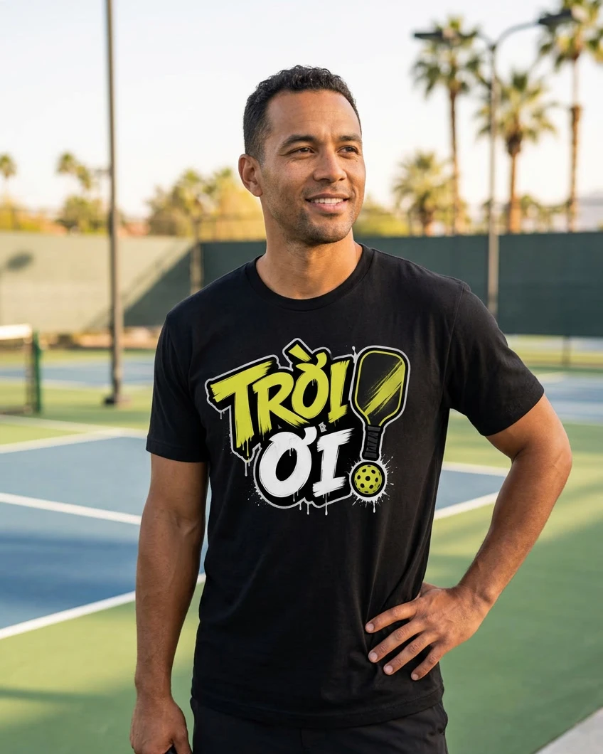 Trời Ơi! tee, black, front view worn by a model